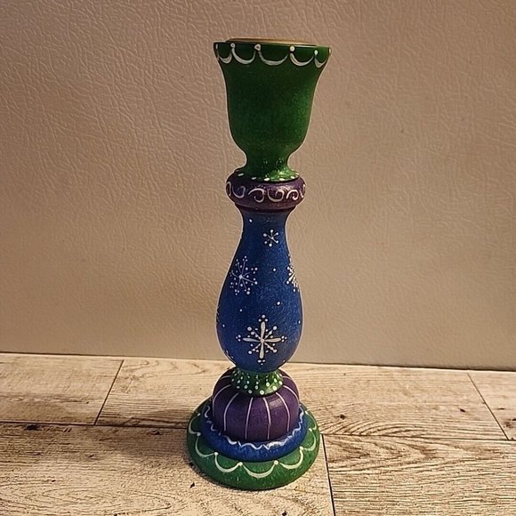 7" Colorful Wooden Candle Holder Snowflakes Purple Blue Hand Painted Made/USA - Picture 6 of 10